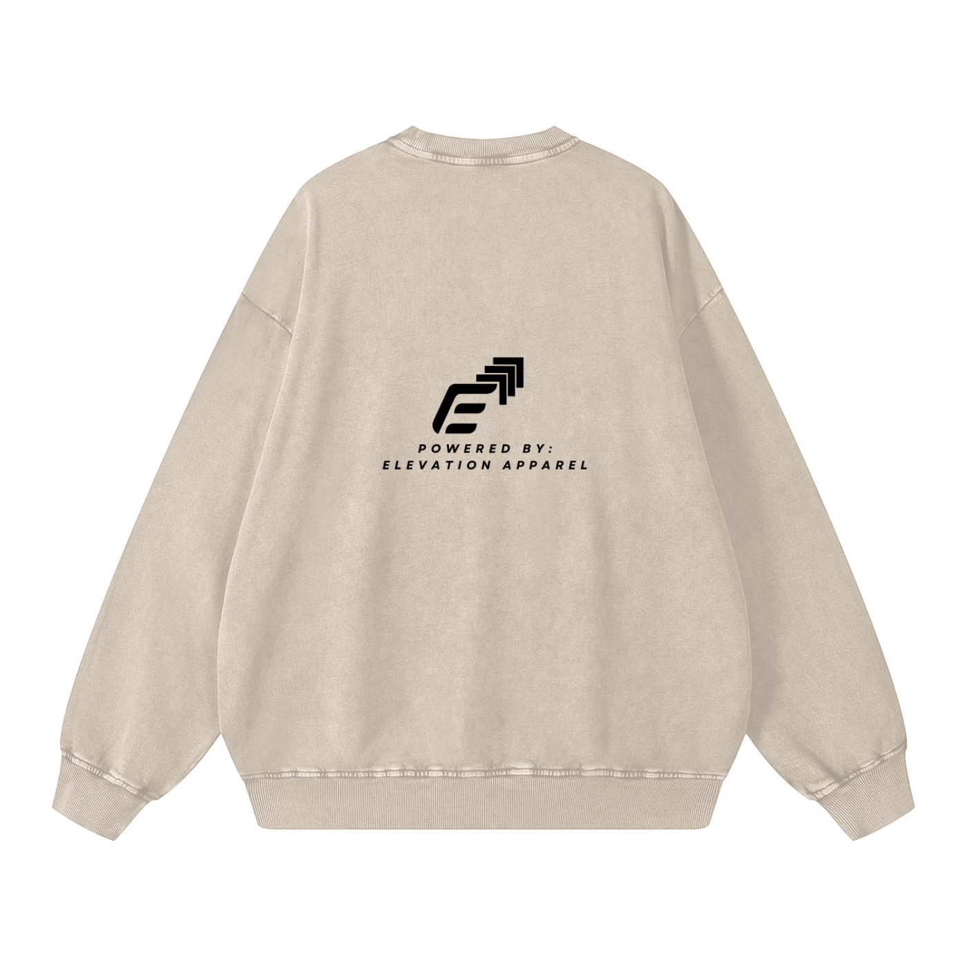 Beige sweatshirt with black logo and text on the back against a white background