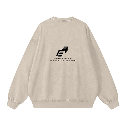 Beige sweatshirt with black logo and text on the back against a white background