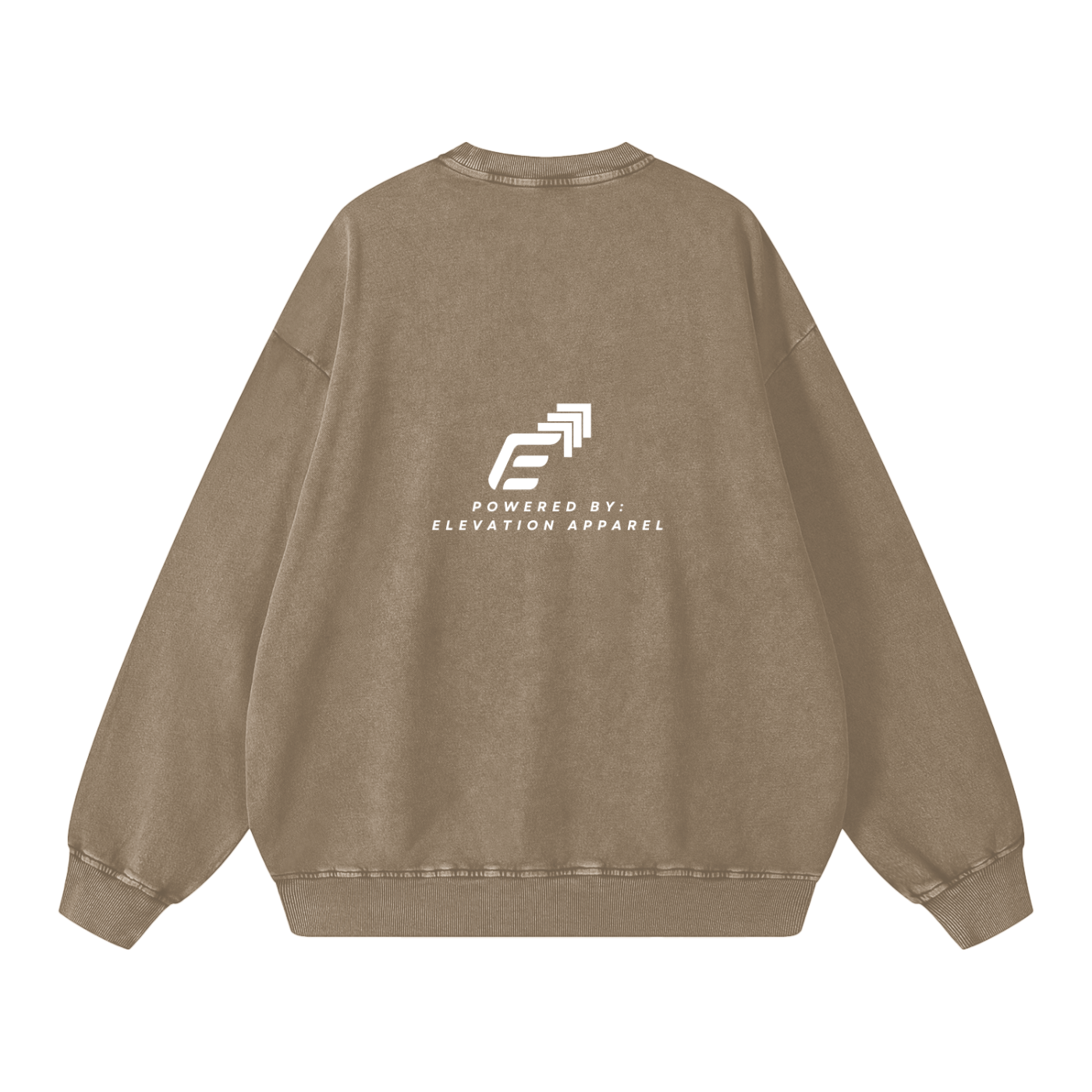 Brown sweatshirt with 'Powered by Elevation Apparel' logo on the back against a white background