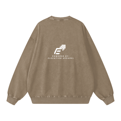Brown sweatshirt with 'Powered by Elevation Apparel' logo on the back against a white background
