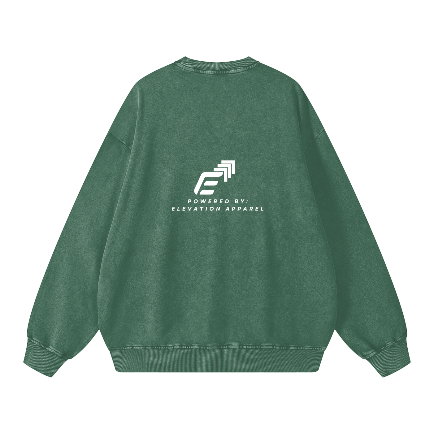 Green sweatshirt with 'Powered by Elevation Apparel' logo on the back against a white background