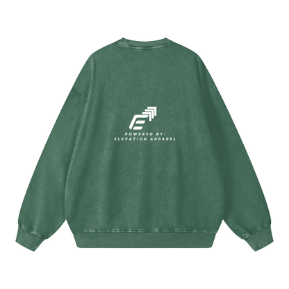 Green sweatshirt with 'Powered by Elevation Apparel' logo on the back against a white background
