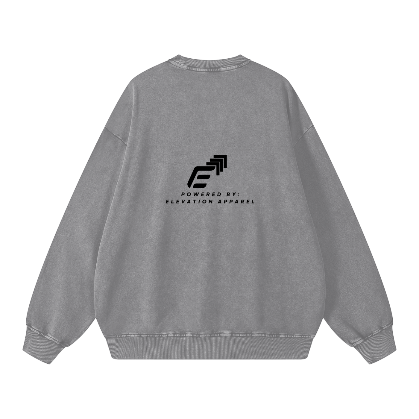 Gray sweatshirt with black logo and text on the back against a white background