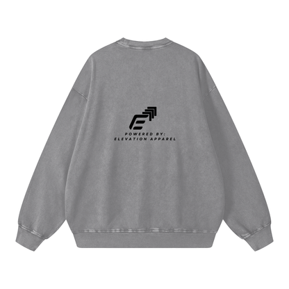 Gray sweatshirt with black logo and text on the back against a white background