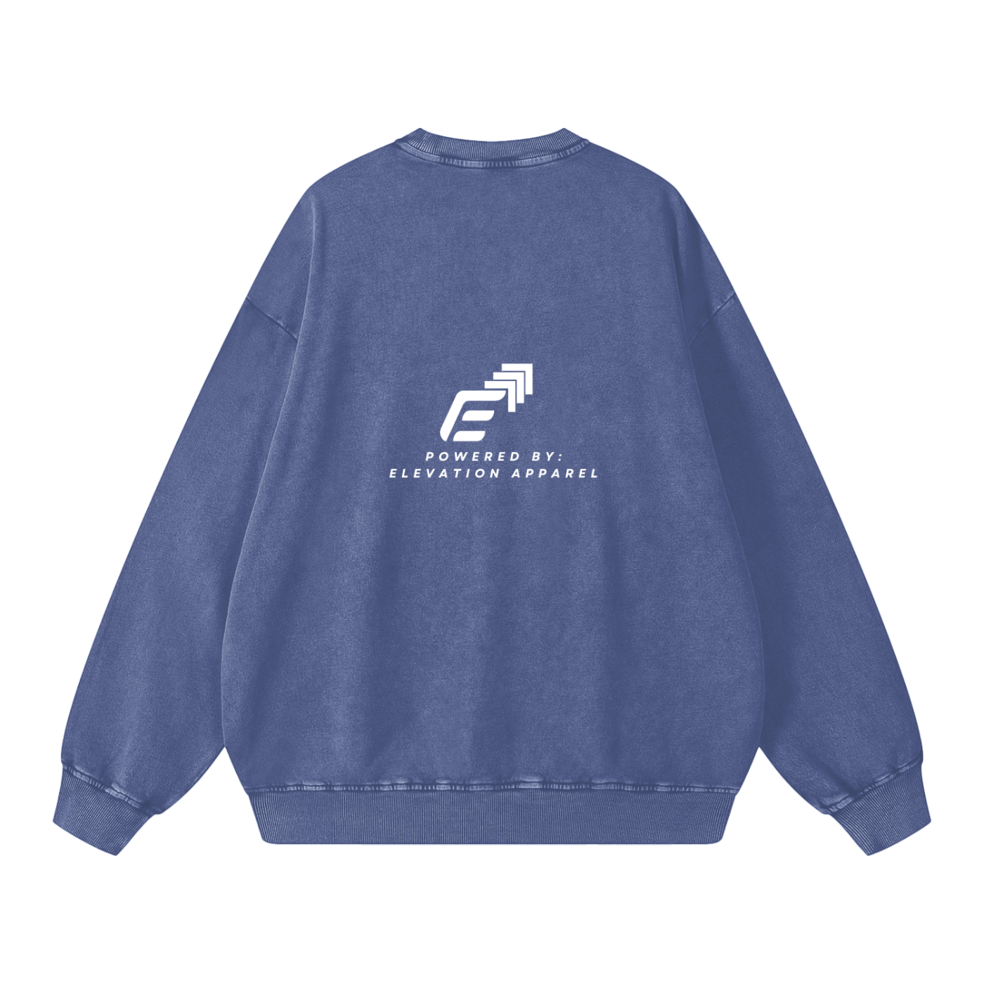 Blue sweatshirt with 'Powered by Elevation Apparel' logo on the back against a white background
