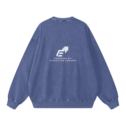 Blue sweatshirt with 'Powered by Elevation Apparel' logo on the back against a white background