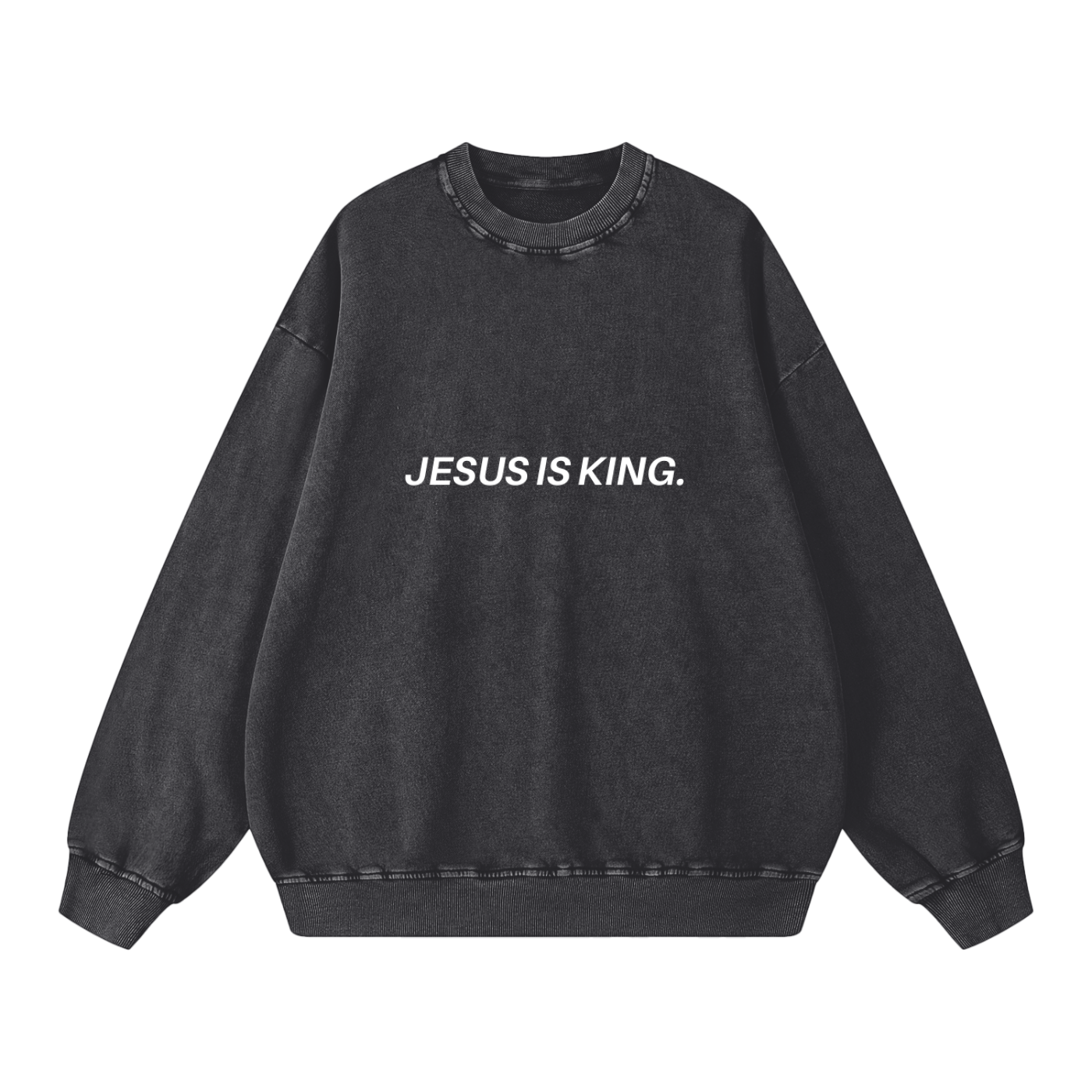 Black sweatshirt with 'JESUS IS KING.' text on a white background