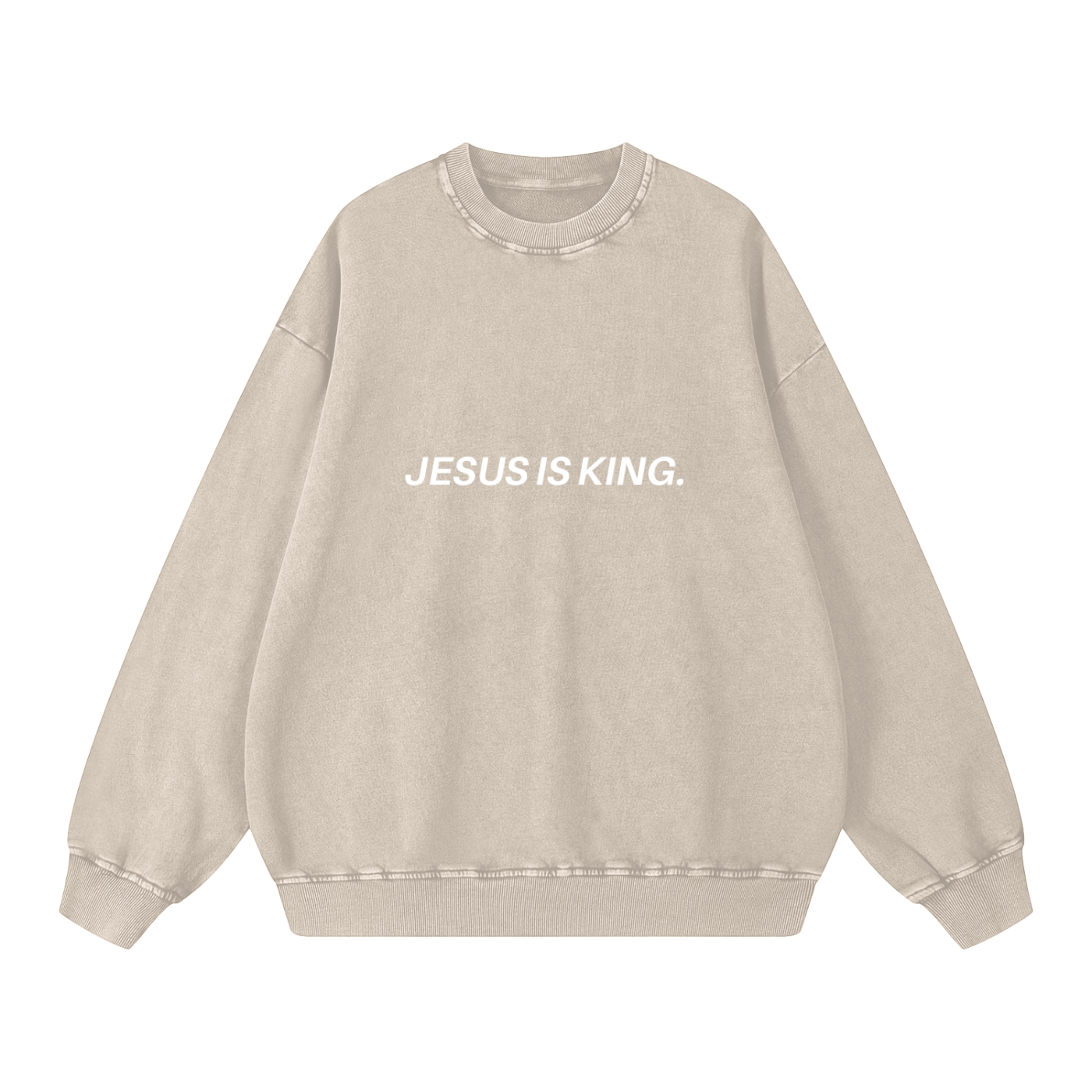 Beige sweatshirt with 'JESUS IS KING' text on a white background