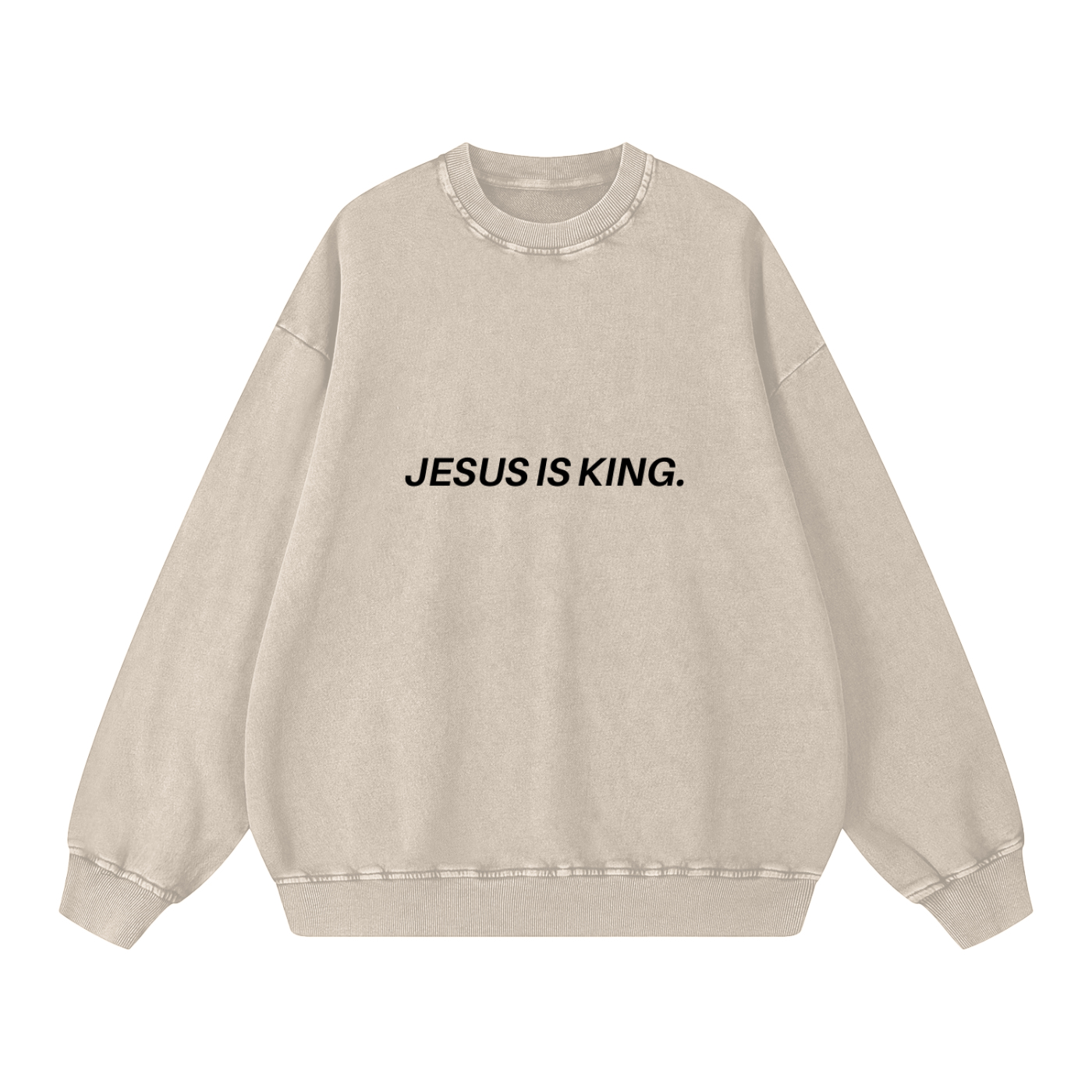 Beige sweatshirt with 'JESUS IS KING.' text on a white background