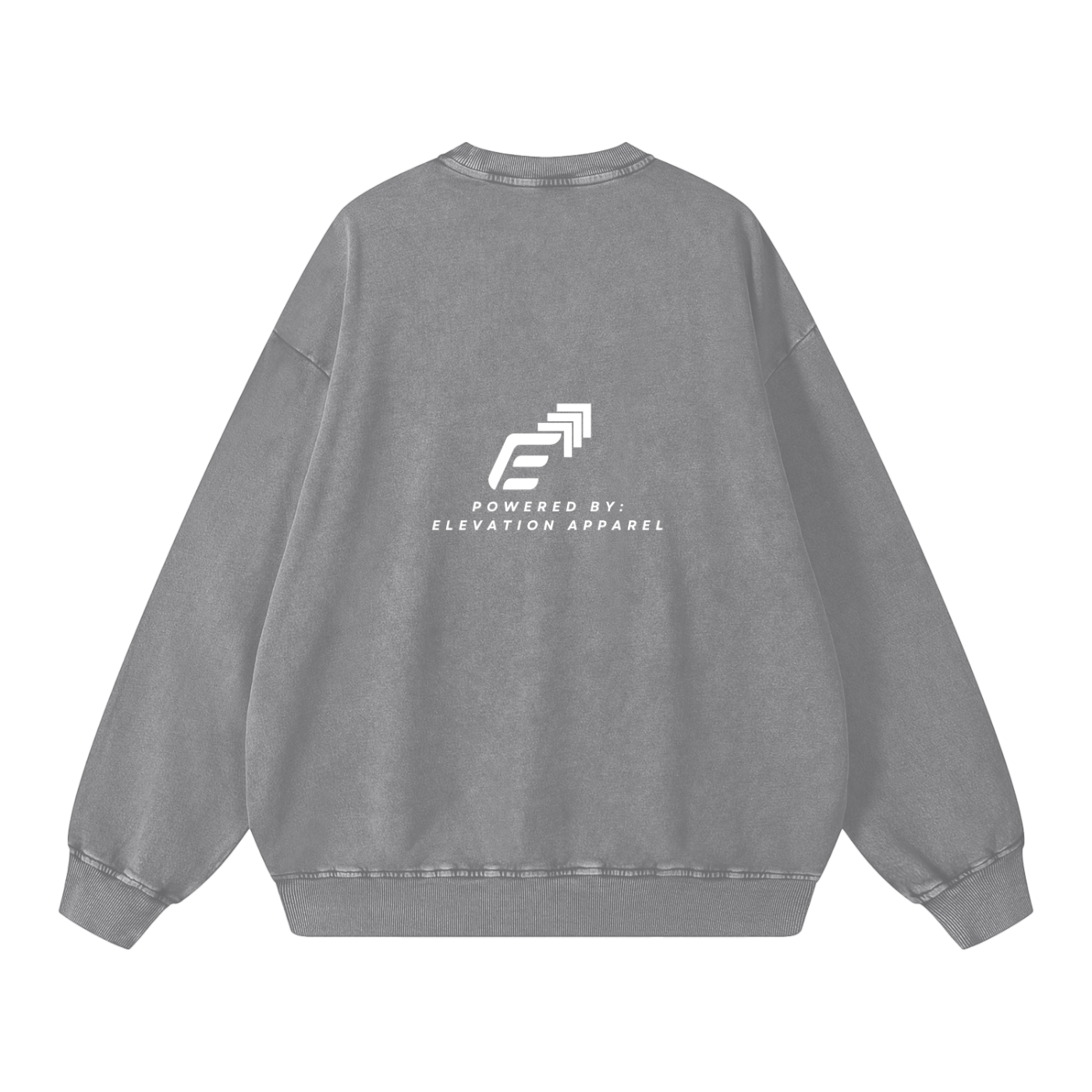 Gray sweatshirt with a logo and text on the back against a white background
