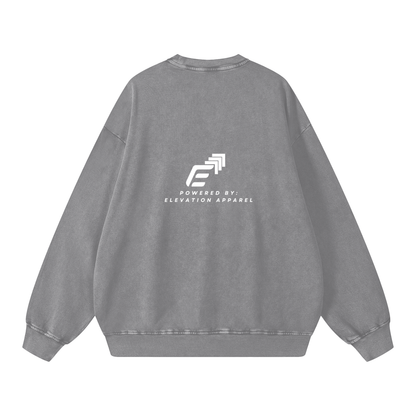 Gray sweatshirt with a logo and text on the back against a white background
