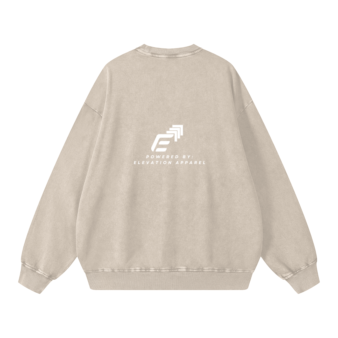 Beige sweatshirt with a logo and text on the back against a white background