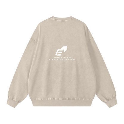 Beige sweatshirt with a logo and text on the back against a white background