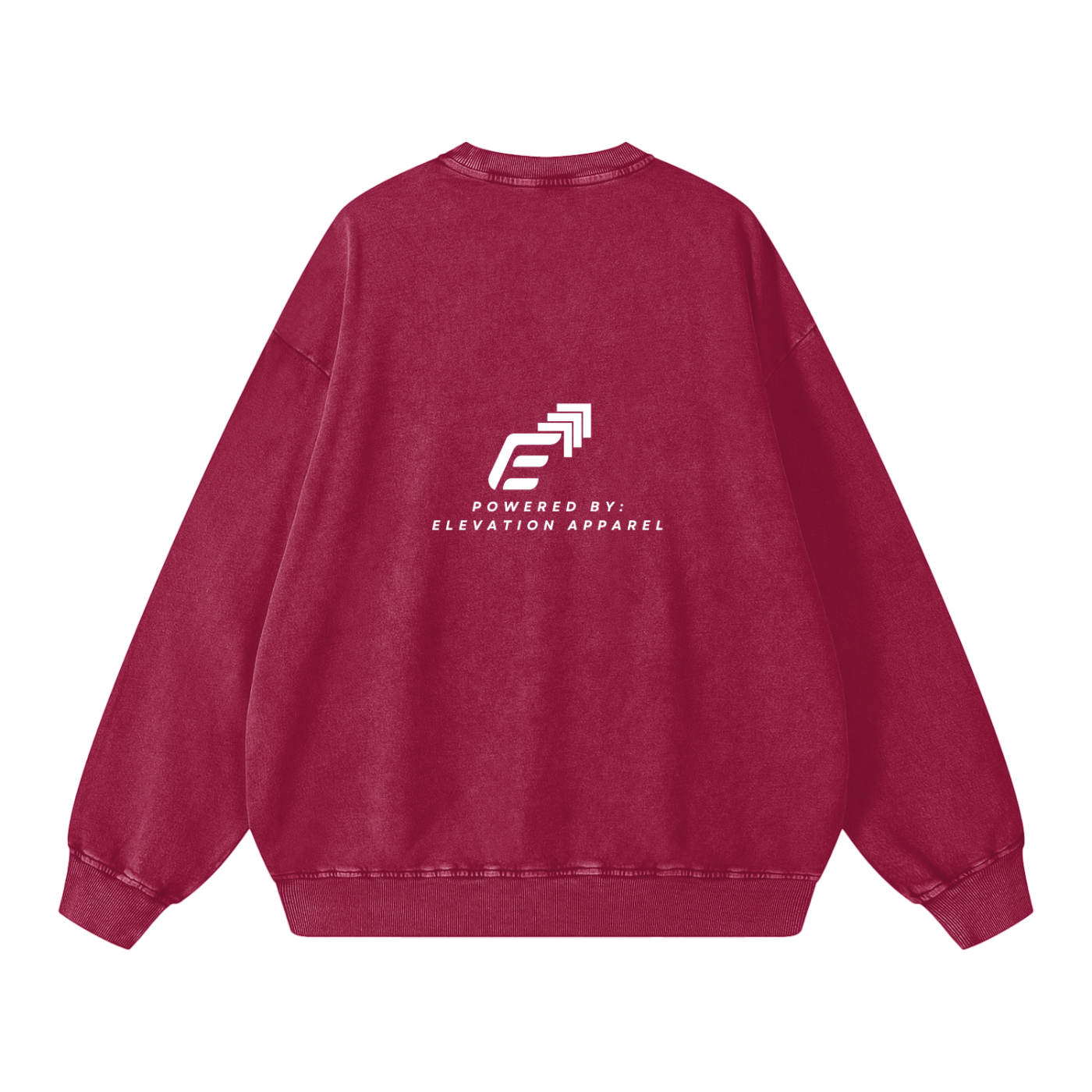 Red sweatshirt with 'Powered by Elevation Apparel' logo on the back against a white background