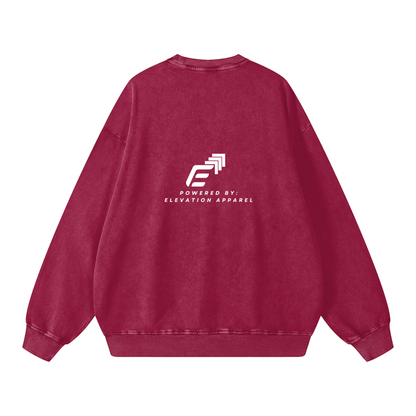 Red sweatshirt with 'Powered by Elevation Apparel' logo on the back against a white background